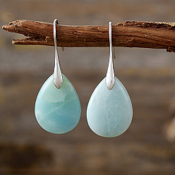 Flower Amazonite Серьги-капли из латуни, с натуральным цветком амазонитом, платина, 40x18 мм