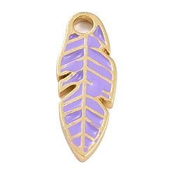 Lilac Golden Plated Brass Enamel Pendants, Long-Lasting Plated, Feather, Lilac, 23.5x8.8x1.8mm, Hole: 2.7mm