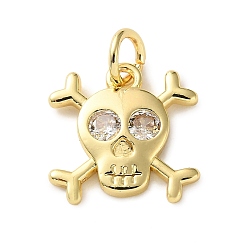 Skull Латунные микро проложить кубического циркония прелести, без кадмия и без свинца, с прыжковых колец, реальный 18 k позолоченный, череп, 13x13x2 мм, отверстие : 3.2 мм