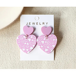 Бледно-Розовый Акриловые болтаться серьги стержня, сердце, розовый жемчуг, 40x28 мм