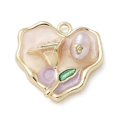 Pink Латунь эмаль подвески, без кадмия, без никеля и без свинца, сердце с цветочными подвесками, с ABS имитации жемчуга, розовые, 19x20x6.5 мм, отверстие : 1.6 мм