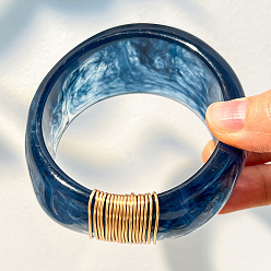 Marine Blue Resin Wide Bangels with Alloy Wire Wrapped for Women, Golden, Marine Blue, Inner Diameter: 2.56 inch(6.5cm)