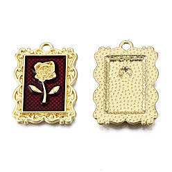 Темно-Красный Подвески из сплава , с эмалью, прямоугольник с цветком розы, золотые, темно-красный, 27.5x19.5x3.5 мм, отверстие : 2 мм
