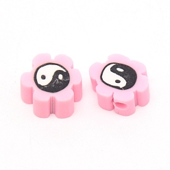 Pink Perle d'argile polymère à la main, fleur avec tai ji, rose, 9x4.5mm, Trou: 1.8mm, environ 95~100 pcs / sachet 