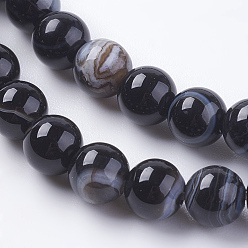 Black Round Dyed Natural Striped Agate/Banded Agate Beads Strands, Black, 6mm, Hole: 1mm, about 62pcs/strand, 14.8 inch