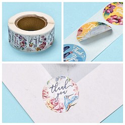 Colorful DIY Scrapbook, 1 Inch Thank You Stickers, Decorative Adhesive Tapes, Flat Round with Flower & Word Thank You, Colorful, 25mm, about 500pcs/roll