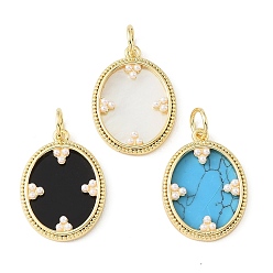 Plaqué 18K Or Véritable Pendentifs en laiton et turquoise synthétique/coquillage blanc naturel/résine et perle en plastique ABS, charmes ovales, crémaillère plaquage, plaqué longue durée, sans cadmium et sans plomb, réel 18 k plaqué or, 28~28.5x21x3.5mm, Trou: 5.5mm