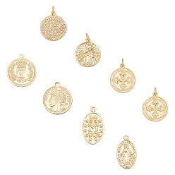 Mixed Color 8Pcs 4 Style Brass Pendants, Flat Round with Cross & Angel & human & Oval with Virgin Mary, Mixed Color, 18.5x16x2mm, Hole: 3.5mm