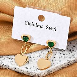 Зеленый 304 из нержавеющей стали кубического циркония серьги стержня, сердце, ионное покрытие (ip), золотые, зелёные, 32x11.5 мм