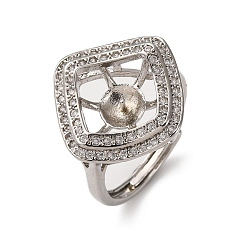 Платина Ромбовидная латунь микропаве прозрачный кубический цирконий регулируемые настройки кольца, за половину пробурено бисера, без кадмия и без свинца, стойки покрытие, долговечный, платина, лоток : 12.5x12.5 мм, штифты : 1 мм, внутренний диаметр: 19 мм