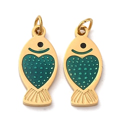 чирок 304 нержавеющей стальной эмали подвески, рыбы прелести, с целью перехода в кольце, ионное покрытие (ip), реальный 18 k позолоченный, зелено-синие, 16x7.5x1.5 мм, отверстие : 2.5 мм