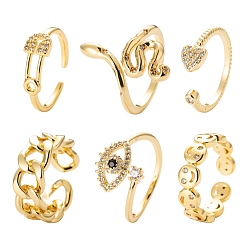 Golden 6Pcs 6 Styles Adjustable Brass Micro Pave Clear Cubic Zirconia Cuff Rings, Open Rings, Long-Lasting Plated, Flat Round with Heart & Curb Chain Shape & Snake & Smiling Face & Safety Pin Shape & Eye, Golden, Inner Diameter: 16.3~17mm, 1pc/style