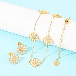 Белый 304 Колье и серьги-гвоздики из нержавеющей стали с цепочками из смоляных цветочных звеньев, золотые, ионное покрытие (ip), белые, ожерелья: 15.83 дюйм (40.2 см), серьги: 13.5x13 mm