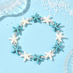 Серебро Браслеты из синтетической бирюзы и немагнитных гематитовых бусин, эластичные, для женщин и мужчин., морская звезда, разноцветные, серебряные, внутренний диаметр: 2.01 дюйм (5.1 см)