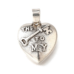 Key Латунные подвески, сердце, долговечный, без кадмия и без свинца, стойки покрытие, платина, ключ, 14.5x12.5x3.5 мм, отверстие : 5 мм