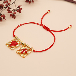 Красный Богемные стеклянные браслеты с подвесками из бисера, плетеные браслеты из синтетического шнура для женщин, прямоугольник с крестом и сердцем, с 304 из нержавеющей стали бусы, красные, 11.02 дюйм (28 см)