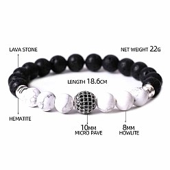 Смешанные камни Браслеты из круглых бусин из натурального говлита, лавового камня и кубического циркония для мужчин и женщин. Браслеты из круглых бусин для мужчин и женщин., с синтетическим немагнитным гематитом, 7-3/8 дюйм (18.6 см)