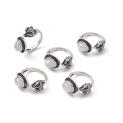 Rainbow Moonstone Кольца-манжеты из лисицы с натуральным радужным лунным камнем, открытое кольцо, антикварные серебряные латунные украшения для женщин, 2.5~3 мм, внутренний диаметр: 17~18 мм