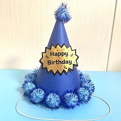 Королевский синий Слово с днем рождения конус бумажные праздничные шляпы, с помпоном, товары для детского дня рождения, королевский синий, 160x180 мм