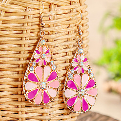 Фуксиновый Серьги-подвески из богемского сплава с эмалью, со стразами, слезинка с цветочным узором, золотые, красно-фиолетовые, 62x25 мм