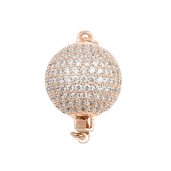 Rose Gold Brass Micro Pave Clear Cubic Zirconia Box Clasps, Round, Lead Free & Cadmium Free, Rack Plating, Long-Lasting Plated, Rose Gold, 23x16mm, Hole: 2mm