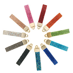 Couleur Mélangete 11 pièces 11 couleurs apprêts porte-clés en alliage strass, or, couleur mixte, 65x10.5~12.5x7.5mm, Trou: 3mm, 1 pc / couleur