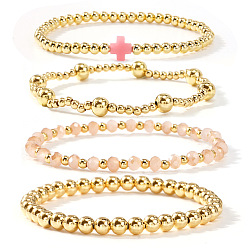  4шт. 4 стили, набор эластичных браслетов ручной работы из латуни, натуральных драгоценных камней и стеклянных бусин, украшения в виде крестиков для женщин, 6.89 дюйм (17.5 см)