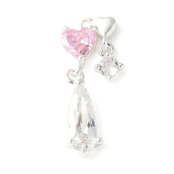 Посеребрённый Латунные микро проложить кубического циркония подвески, без кадмия, без никеля и без свинца, сердце со слезой, розовый жемчуг, 925 серебро покрытием, 22x10x3.5 мм, отверстие : 1.2 мм
