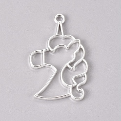 Silver Zinc Alloy Open Back Bezel Pendants, For DIY UV Resin, Epoxy Resin, Pressed Flower Jewelry, Unicorn, Silver, 40x24.6x2.2mm, Hole: 2.6mm