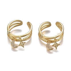Настоящее золото 18K Регулируемые латунные кольца микро манжеты из прозрачного циркония, открытые кольца, долговечный, звезда и луна, реальный 18 k позолоченный, внутренний диаметр: 17 мм