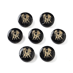 Близнецы Окрашенные в черный цвет синтетические бирюзовые бусины, с золотистыми латунными пластинами, плоский круглый с созвездиями, Близнецы, 15x4.5 мм, отверстие : 1 мм