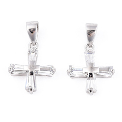 Платинированный Подвески с родиевым покрытием 925 из стерлингового серебра с прозрачным паве из циркония, Религия крест-брелок остроумие 925 штамп, Реальная платина, 15.5x13x3.5 мм, отверстие : 3.5x6 мм