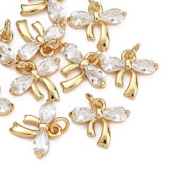 Plaqué 18K Or Véritable Breloques en laiton et zircon cubique transparent Shegrace, sans cadmium et sans nickel et sans plomb, charmes bowknot, réel 18 k plaqué or, 10.5x12x2mm, Trou: 2mm