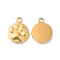 Real 14K Gold Plated Ion Plating(IP) 304 Stainless Steel Charms, Flat Round with Paw Print Charm, Real 14K Gold Plated, 10.5x8x2mm, Hole: 1.5mm