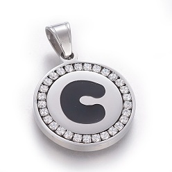 Letter C 304 Stainless Steel Enamel Pendants, with Cubic Zirconia, Flat Round with Letter, Stainless Steel Color, Clear, Letter.C, 29x25x3mm, Hole: 5.5x8.5mm