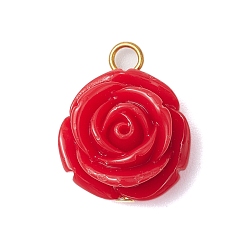 Золотой Непрозрачные подвески смолы, подвески в виде цветка красной розы 304 с петлями из нержавеющей стали, золотые, 22.5x18.5x11 мм, отверстие : 3 мм