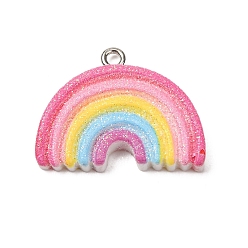 Colorful Opaque Resin Pendants, Rainbow Charms, with Platinum Iron Loops & Glitter Powder, Colorful, 21x26x4mm, Hole: 2mm