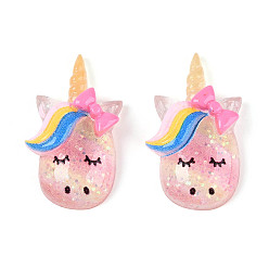 Разноцветный Кабошоны из смолы, с блестками, единорог, красочный, 27x16x7 мм