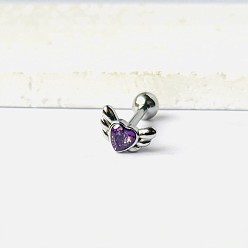 Фиолетовый Сердце с крыльями ангела 316l хирургическая нержавеющая сталь, кольца для языка с инкрустацией кубическим цирконием, цвет нержавеющей стали, фиолетовые, штифты : 1.6 мм, Руководитель: 5 mm, длина стержня: 9/16"(14мм)