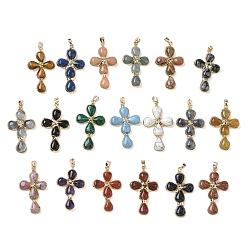 Mixed Stone Natural & Synthetic Mixed Stone Pendants, Cross Charms, with Golden Tone Brass Findings, Mixed Dyed and Undyed, 38~41x22.5~23.5x5.5~6mm, Hole: 5.5x3.5mm