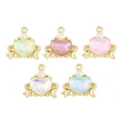Золотой Подвески из сплавов, стекла и пластика с жемчугом, Сердце с подвесками в виде луны и звезды, разноцветные, золотые, 16x16.5x5.5 мм, отверстие : 1.4 мм