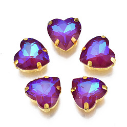 Фиолетовый Шить на горный хрусталь, флуоресцентный стиль мокко, многожильных ссылки, стекло горный хрусталь, с позолотой 201 зубцы из нержавеющей стали, аксессуары для одежды, граненые, сердце, фиолетовые, 12x12x6 мм, отверстие : 1 мм