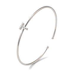 Letter T Браслеты на открытой манжете с прозрачным покрытием из латуни с микро-паве и кубическим цирконием, браслеты с крутящим моментом для женщин, платина, без свинца и без кадмия, Письмо T, внутренний диаметр: 1-7/8x2-1/4 дюйм (4.8x5.8 см)