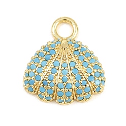 Real 18K Gold Plated Brass Micro Pave Sky Blue Cubic Zirconia Pendants, Shell Shape Charms, Rack Plating, Long-Lasting Plated, Lead Free & Cadmium Free, Real 18K Gold Plated, 17x15x4mm, Hole: 2.8mm