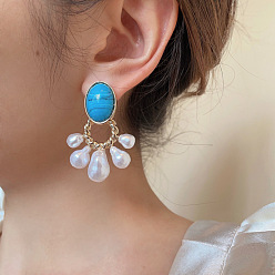 Золотой Серьги-гвоздики из пластикового сплава с овальным жемчугом и подвесками в форме веера, cmолой, золотые, 45.8 мм