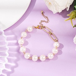 Белый Стеклянные жемчужины круглые бусины браслеты для женщин, с прямоугольником 201 быстроразъемные соединения из нержавеющей стали, белые, 7-3/4~8 дюйм (19.7~20.3 см)