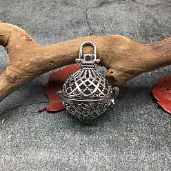 Античное Серебро Подвески в виде клетки из латуни с полыми бусинами в тибетском стиле, круглый шарм, для ожерелья, античное серебро, 37.1x24.2 мм