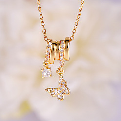 Золотой Женские кулоны-бабочки с латунным паве из прозрачного кубического циркония, золотые, 17.72 дюйм (45 см)