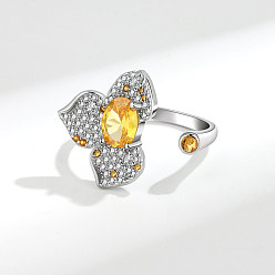 Золотистый Цветочные латунные микропаве прозрачные кубические цирконии регулируемые манжеты кольца для женщин, платина, золотые, Цветок: 19.4 мм, внутренний диаметр: регулируемый