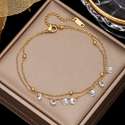 Алмаз Браслеты на ногу из нержавеющей стали и латуни с двумя рядами, золотые, алмаз, 8-1/4 дюйм (210 мм)